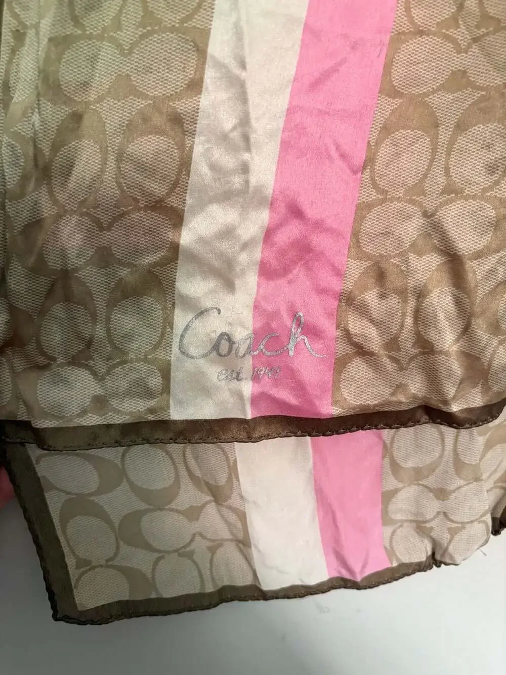 Coach Signature C Print Silk Scarf with Pink White Striped